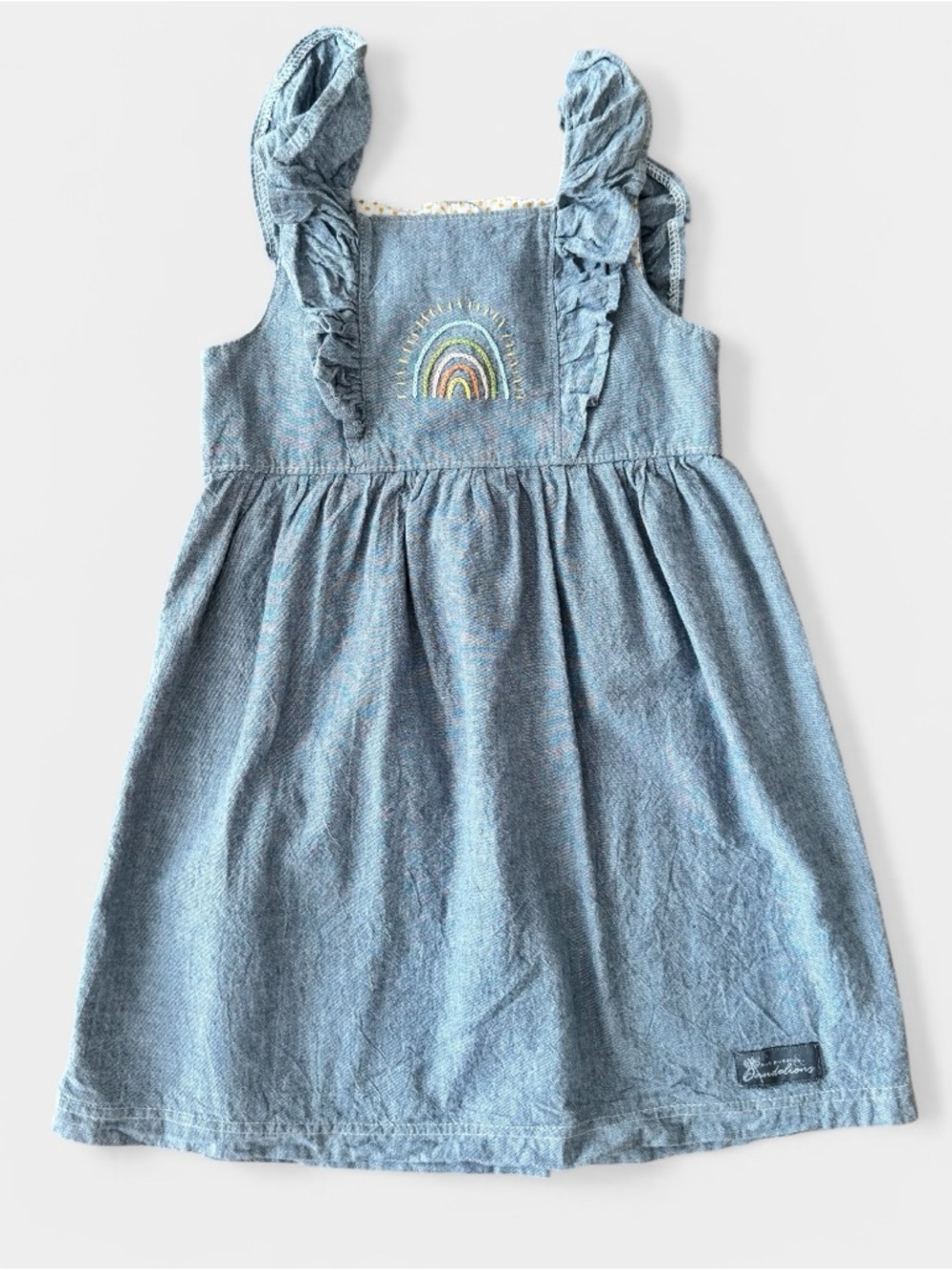 Mud Puddles and Dandelions Chambray Embroidered Rainbow Dress Size 5